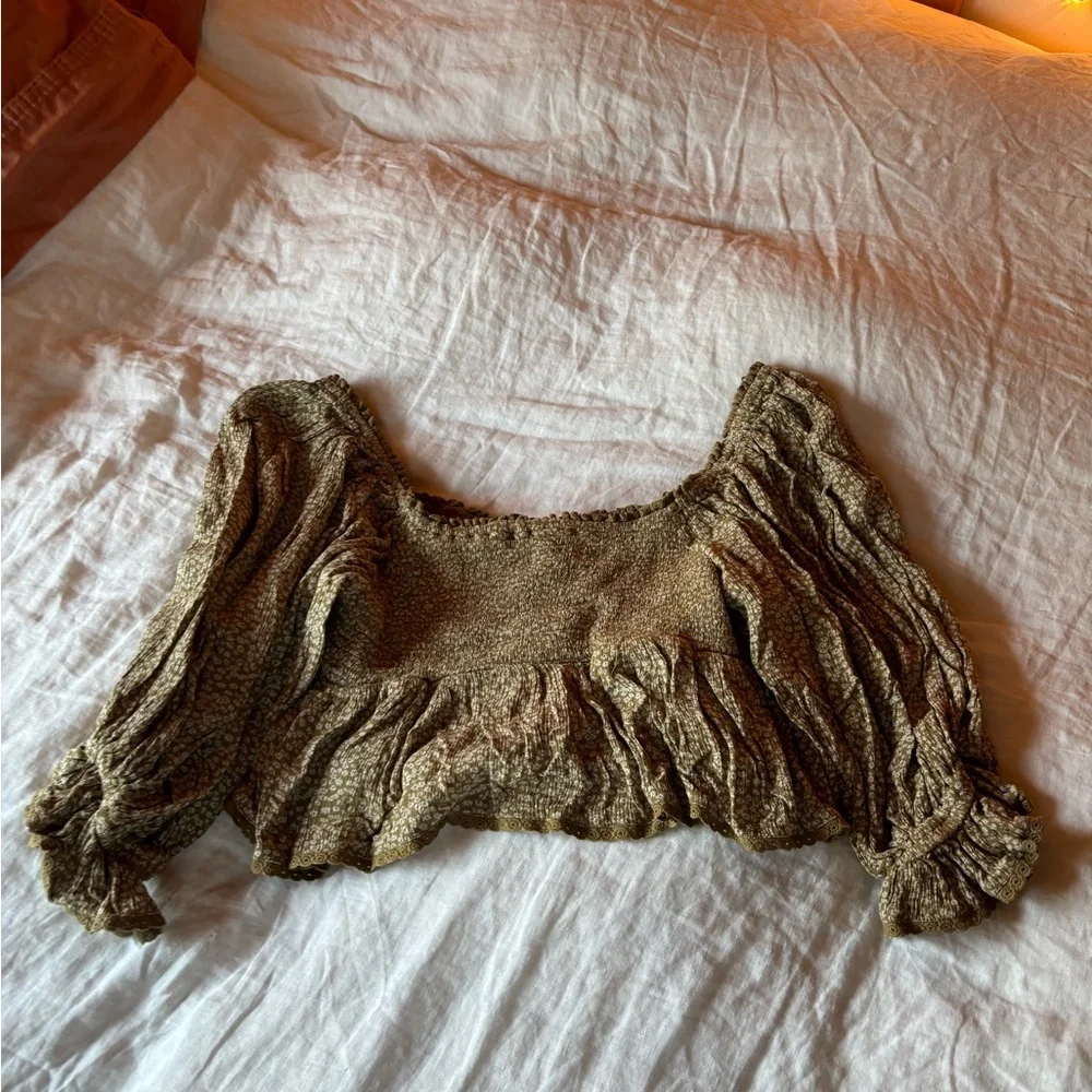 Free People Olive Green Smocked Peasant Blouse